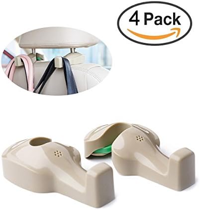 Car Headrest Hooks - Kingberwi 4 PACK Universal Seat Front Back Headrest Organizer Holder Handbags Coats Purse or Grocery Bags Hanger for Vehicle SUV Truck (Beige)