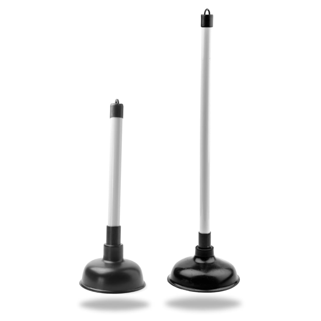 Pack of 2 Drain Un blockers for Kitchen and Floors, Sink & Floor Drains with 9inch & 16inch Handle and (4 & 6inch) Cup, Heavy Unblocking Effective Tool, Black/White