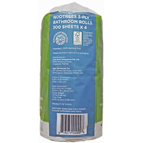 NooTrees Bamboo 3ply Bathroom Tissue, 300 Sheets, 4 Rolls, Ecofriendly,100 Sustainable, Tree