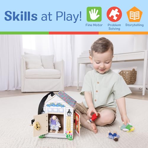 Melissa & Doug Take-Along Wooden Doorbell Dollhouse - Doorbell Sounds, Keys, 4 Poseable Wooden Dolls Portable Doll House, Doorbell House for Kids Ages 3+