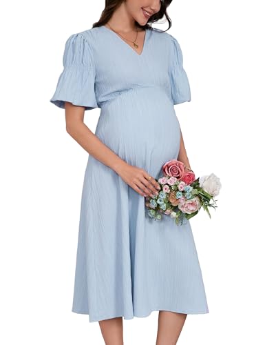 YesFashion Robe de grossesse élégante pour femme - Col en V - Longue robe d'allaitement - Taille haute - Décontractée - Avec manches lanterne (emballage réutilisable), bleu clair, XXL