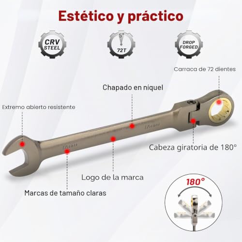 Shall 9-Piece Flex Head Ratcheting Wrench Set, 72 Metric Teeth 8-19mm, Cr-V Built, Nickel Plated with Organization Bag