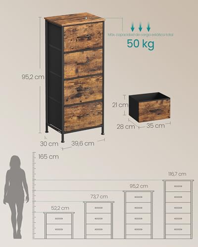 SONGMICS Cómoda, 4 Cajones de Tela, Acero, MDF, Tela no Tejida, para Dormitorio, Armario, Pasillo, Salón, Marrón Rústico y Negro Tinta MLGS314BH04
