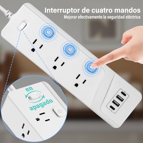 KIROGILY Multicontacto Regleta Extension Electrica con Protector Supresor de Picos Voltaje, Enchufe Plano, 1.8 M, 6 Tomas de Ca y 4 USB (2 USB-C), Sleek Socket, Excelente para Oficina y Hogar