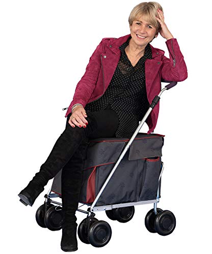 Sholley 'Sit-on' NEW ‘Ruby Royale’ Shopping Trolley with Seat, 8 Wheels, Safety Footbrakes, Height & Angle Adjustable Handle, Light, Easy to Push, Foldable Graphite