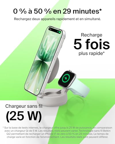 UltraCharge Chargeur MagSafe 2-en-1, Socle De Recharge Qi2.2 25 W Aimanté Et Pliable pour iPhone 17, Apple Watch Series 10, Pixelsnap, etc. (Adaptateur 45 W Inclus, Beige