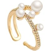 Hebelee Shell Pearls Statement Ring for Women CZ Layered Rhinestone Pearls Open Band Finger Rings Comfort Fit Dainty Wedding Anniversary Jewelry