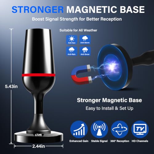 Digital TV Aerial Indoor, TV Aerial Booster with Strong Magnetic Base, 4K 1080P HD Indoor TV Aerial, Support VHF UHF DAB Radio Fit All Televisions