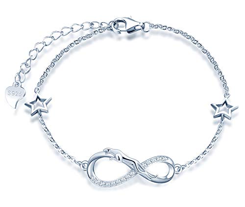 MicLee Woman's girl's Bracelet, 925 Sterling Silver bracelet, Leopard and infinity symbol bracelet, with mini hollow star, Inlaid zircon, adjustable chain, design of animal bracelet