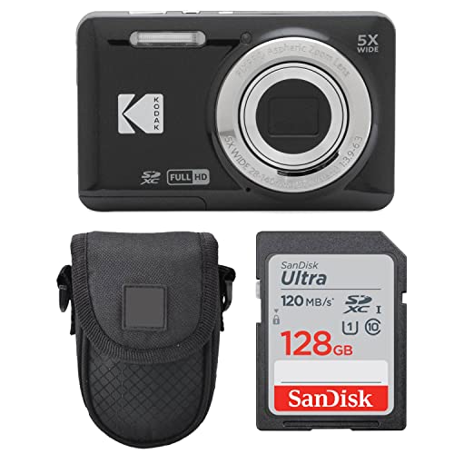 Kodak PIXPRO FZ55 Digital Camera (Black) + Point & Shoot Camera Case + Sandisk 128GB SDXC Memory Card