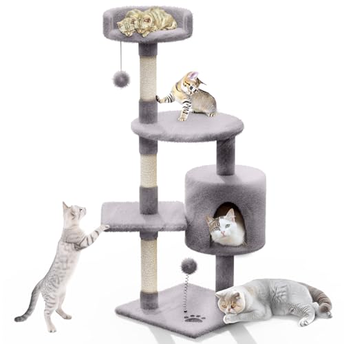 KongJies Torre para Gatos, Árbol para Gatos con Poste Rascador, 4 Niveles Castillo para Gato con 3 Plataforma Acolchada y Pompón, para Gatos Pequeños Medios (Gris Claro)