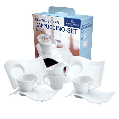 Villeroy & Boch – NewWave Caffè Cappuccino Set 8-teilig für 4 Personen, Kaffeeservice Weiß, Cappuccino Tassen mit Untertassen Weiß, Kaffeegeschirr, Kaffeegedeck, Kaffeetassen, Premium Porzellan
