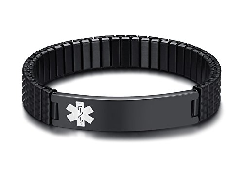 Free Engraving- Men's Stylish Stainless Steel Black Stretch Medical Alert ID Bracelets for Men Boy