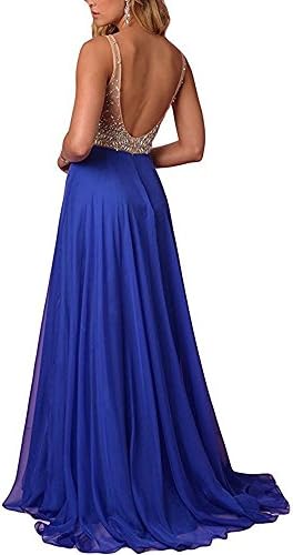 QSYE Women's Beaded Prom Dreeses Long V-Neck Chiffon Evening Gowns 2018