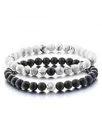 Brazaletes de distancia Believe London, con bolsa para joyas y tarjeta de dedicatoria, elástico fuerte, para amistades, parejas, ónix y ágata negro y blanco