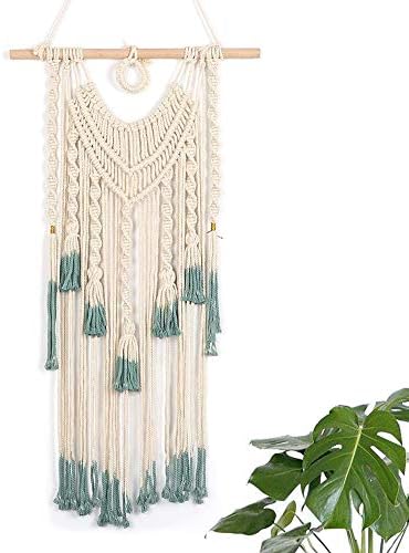 FJLOVE Handmade Woven Boho Macrame Tapestry– 17.7" x 33" Beige & Blue-green Wall Hanging Home Décor, Apartment, Dorm Room, Nursery, Party Decorations, Wedding Backdrop