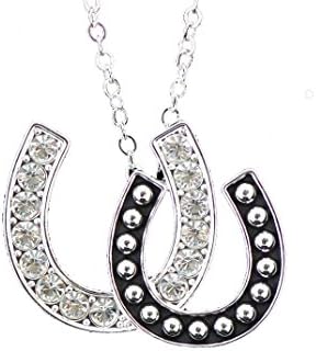 Western bling horse lover jewelry crystal rhinestone raised beaded double horseshoe necklace