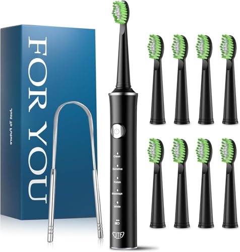 JTF Sonic Electric Toothbrush - Deep Cleaning for Sensitive Gums, 5 Modes, 45 Days Battery, 8 Heads, IPX7 Waterproof, Smart Timer, Ideal for Travel (Black)