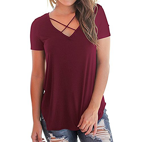 Women Tunic Tops Shirts Criss Cross Front V-Neck Short Sleeve Tees Shirts Casual T-Shirt Tops Blouse (Wine Red, L)