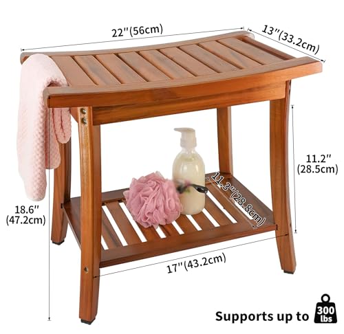 Utoplike Teak Shower Bench Seat with Handles, Bath Chair Stool for Inside | Portable Wood Spa Chair With Towel, Storage Shelf, 22" x 13" x 18.6", for Outdoor Bathroom Use