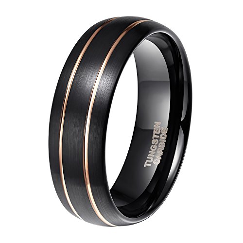 8mm Mens Black Tungsten Wedding Ring Rose Gold Line Groove Dome Brushed Comfort Fit (10)