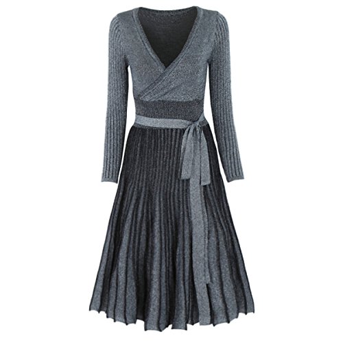 R.Vivimos Women Autumn Long Sleeve V Neck Elegant Glitter Knitted Slim KneeLength ALine Sweater Dress, One Size, Style2- Silver Grey