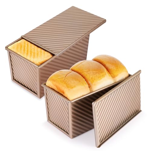 Flexzion Pullman Loaf Pan with Lid - 1 lb Dough Capacity Sandwich Bread Loaf Pan with Lid Cover - Non-Stick Carbon Steel Corrugated Toast Box Mold for Baking Homemade Sandwich, Sourdough, Bread, Gold