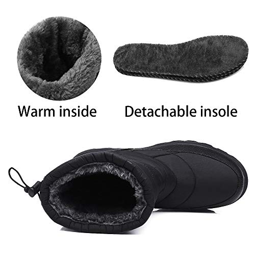 SILENTCARE Mens Winter Mid-Calf Snow Boot Fur Warm Waterproof Slip On Outdoor Athletic (Men 11 M US, Black) - Thumbnail 5