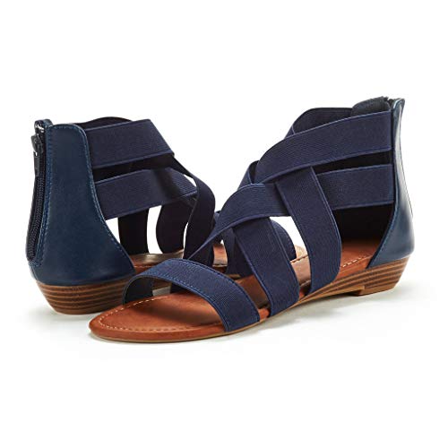 Women's Summer Comfort Ankle Low Wedges Sandals Cross Elastic Strap Open Toe Gladiator Flat Shoes Blue