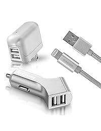 Kit de carga de horas extraordinarias para el hogar y el coche con cable de datos USB con certificado Apple MFI, compatible con iPhone iPod y iPad de 2,4 A para una carga rápida
