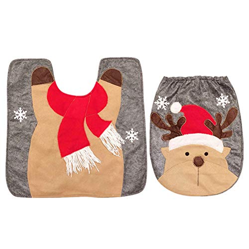 Xiuban Christmas Decoration 2 Pieces Bathroom Rug Mat Set, Christmas Snowman Toilet Seat Cover Bath Mat Lid Cover- Bathroom Rug + Lid Toilet Cover Set (C)