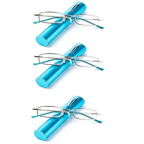 Newbee Fashion - "Pocket" Readers Ultra Compact Spring Temple Reading Glasses w/ Portable Pocket Clip Aluminum Case Soft Blue +2.00