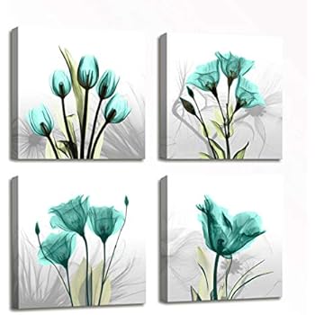 Large Canvas Wall Art for Living Room Wall Decor Floral Painting - 4 Panels Teal Elegant Tulip Flowers HD Photos Canvas Prints Wall Art Modern Framed Artwork for Home Bedroom Decor 16x16 inch 4pcs/set