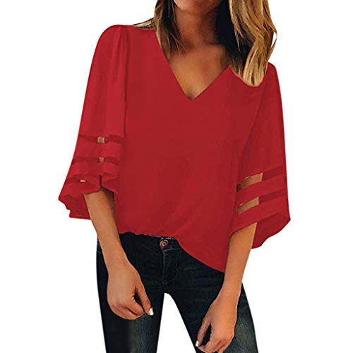 Yezijin Women Summer Fashion V Neck Tops Three Quarter Sleeve Shirt Pullover Blouse Sexy Wear 2019 Under 10 Dollars Red