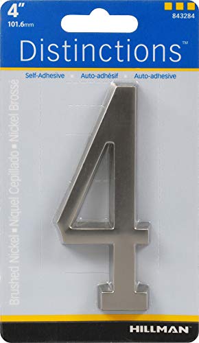 Distinctions by Hillman 843284 4-Inch Die Cast Self-Adhesive House Address Plaque, Brushed Nickel, Number 4
