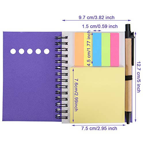 Maxdot 4 Pieces Kraft Paper Steno Pocket Business Notebook Spiral Lined Notepad Set with Pen in Holder, Sticky Colored Notes Page Marker Tabs (Purple Cover)