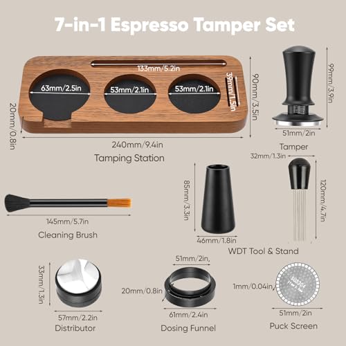 Espresso Accessories Set 54 mm, Wooden Tamper Station with Adjustable Height, Non-Slip Base and 3 Silicone Pads - Organizer for Portafilter, Distributor, Brush and Dispenser