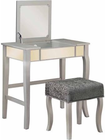 Vanity Set With Mirrored Front and Sides & Silver Finish, Includes Vanity and Stool, Bedroom Furniture, Bundle with Expert Guide for Better Life