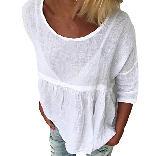 Alangbudu Women Cotton Linen High Waisted Swing Flare Hem Pullover Loose Blouse Long Sleeve Shirt Casual Tops Leggings White