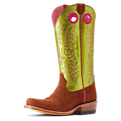 ARIAT BMVY9 Womens Futurity Boon Western Boot Cognac Roughout/Electric Lime Pat…
