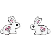 20G Lovely White Enamel Bunny Cartilage Stud Earring for Women Titanium Cute Cartoon Rabbit Pink Heart Crystal Screw Flat Back Animal Tragus Helix Small Earrings Easter Piercing Jewelry for Daughter