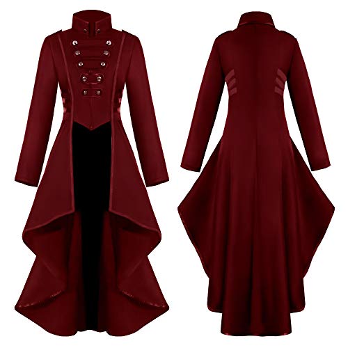 DONTAL Women Gothic Steampunk Button Lace Corset Halloween Costume Coat Tailcoat Jacket Red