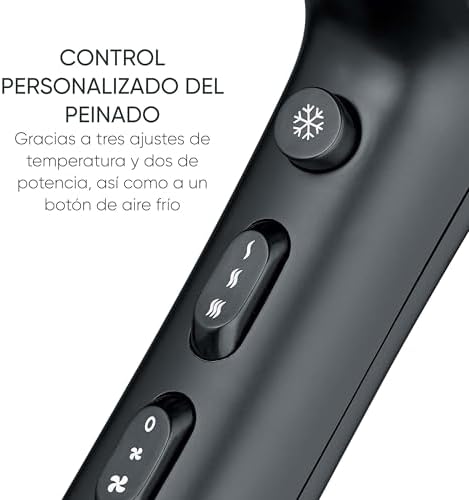 Secador de pelo, secador potente, enrollador automático del cable con solo pulsar un botón, con botón de aire frío, dos accesorios adicionales, 2100 W, negro, HT 0165