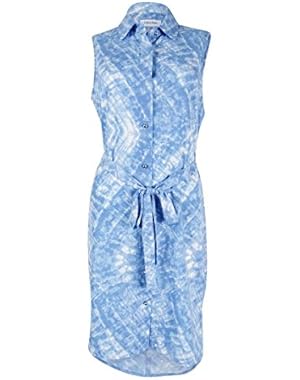Klein Calvin Klein Sleeveless Belted Shirt Dress Blue/White 6
