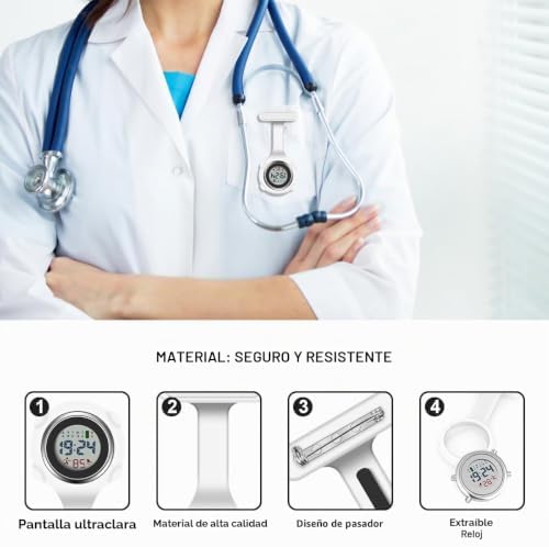 Reloj Bolsillo Enfermera, Reloj Enfermera Digital Multifuncional,Puede Cronometrarse y Usarse como Despertador,Reloj Silicona Prendedor de Broche,Regalos para Medicos Enfermeras Blanco