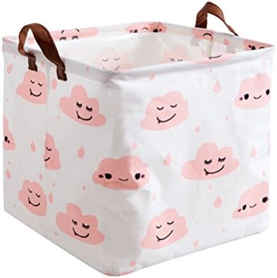 Fieans Large Storage Bin Basket Foldable Nursery Organizer Storage Box Cotton Linen Shelf Basket for Kids Toys, Books, Clothing, Laundry - Pink Clouds