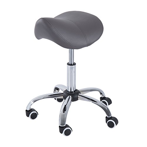 HomCom Height Adjustable Hydraulic Rolling Faux Leather Saddle Stool - Dark Grey