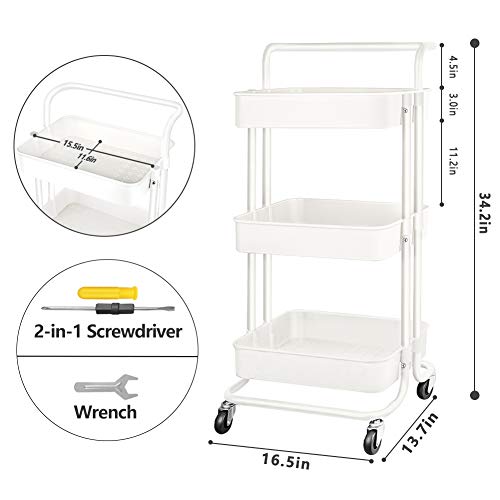 QiMH 3 Tier Rolling Storage Cart Heavy Duty Mobile Rolling Utility Cart