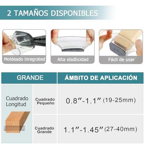 24 Piezas Protectores para Patas de sillas, Cuadrado Silicona Antideslizantes para Muebles，Protección el Suelos Duros，Almohadilla de Fieltro，Grande(Ajuste 27-40mm)