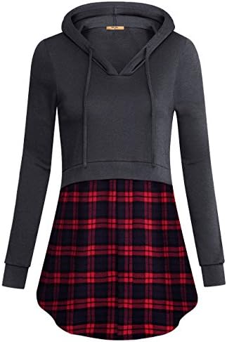 MCKOL Women's Plaid Hem Pullover Hoodies V Neck Long Sleeve Tunic Sweatshirt Run Small